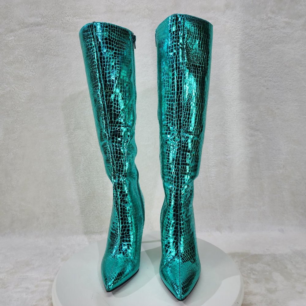 Green Metallic  Festive   Pointy Toe Boots With 4 inch Stiletto Heel - Picture 8 of 10
